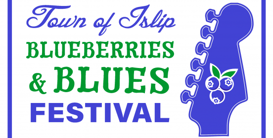  The head of a guitar with a busshel of blueberries on it, and the words Town of Islop Blueberries and Blues Festival.