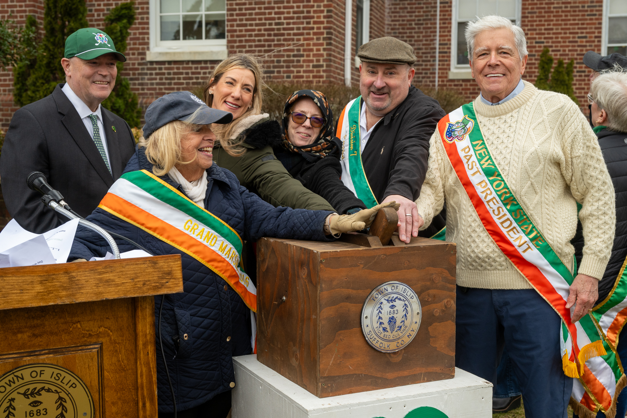 Islip Town Hall cupola lit green for St. Patrick's Day