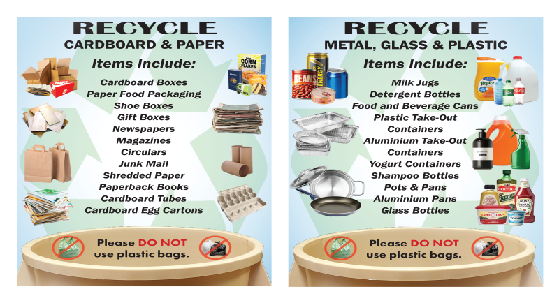 paper carboard and glass, metal, plastic recycloing flyer listing items