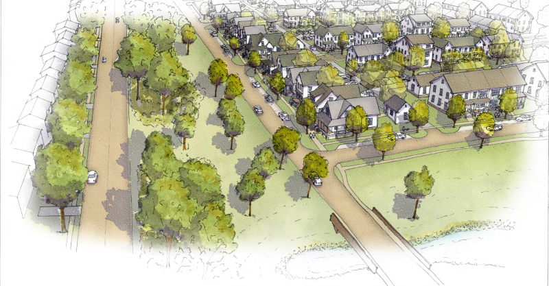 Artistic drawn rendering of development from birdseye view looking down at trees and housing