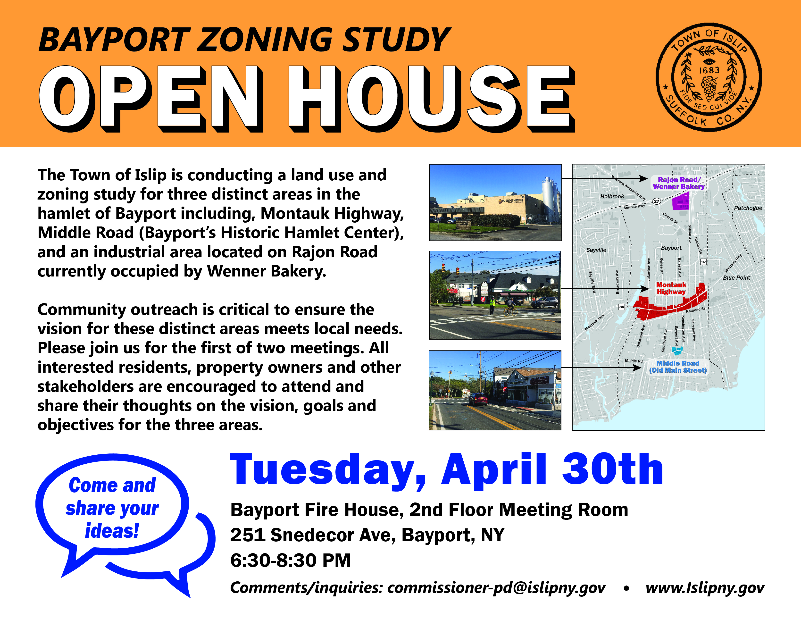 A flyer image announcing the Bayport Zoning Study Open House to be held Tuesday, April 30th at the Bayport Fire House 2nd Floor Meeting Room located at 251 Sendecor Avenue in Bayport NY, fom 6:30pm-8:30 pm