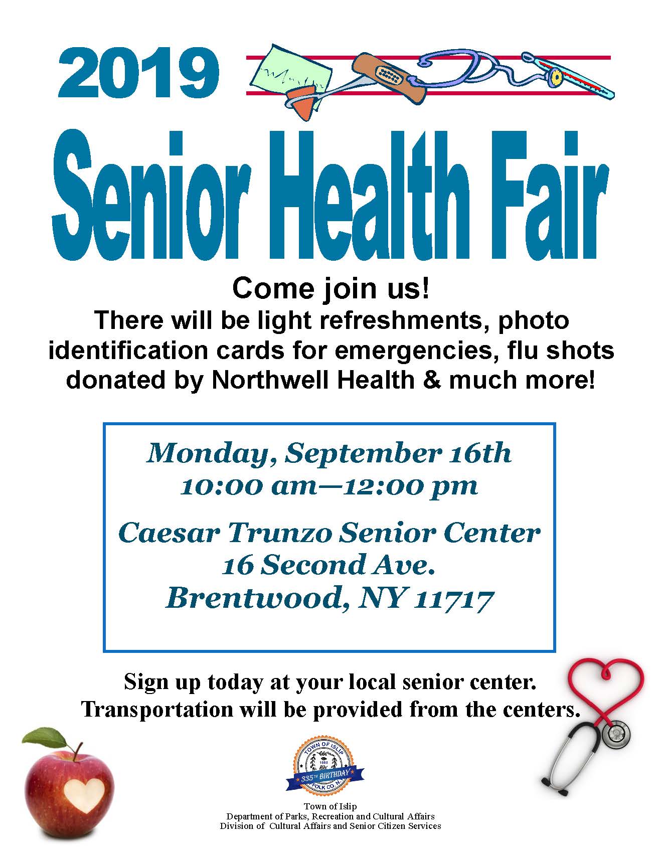 A flyer announcing the Senior Health Fair to take place Monday September 16th from 10am to 12 pm at the Caesar Trunzo Senior Center.
