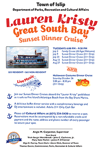 A flyer announcing the 2019 Lauren Kristy Sunset Dinner Crusies, call (631) 224-5430 for more information.