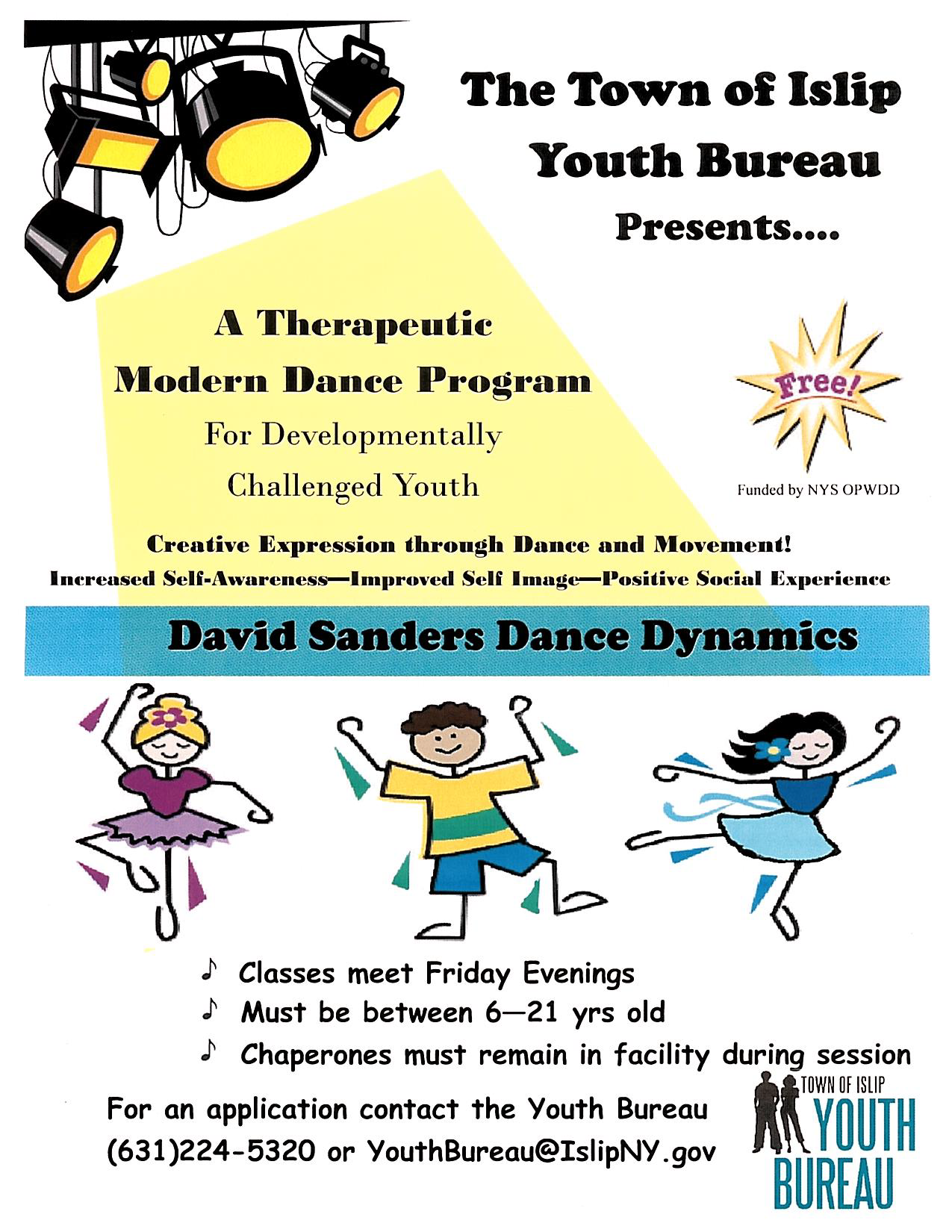 A flyer of 3 dancing children, announcing the free theraputic modern dance program. For more information please call the Youth Bureau at (631)224-5320