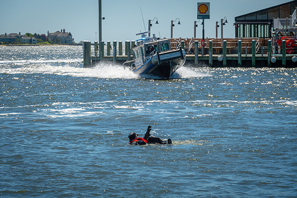 Suffolk County Police Harbor Patrol demonstrate a rescue mission in the water
