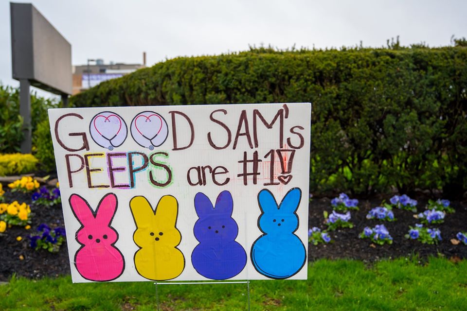 sign says good sam on #1 'peeps' with pictures of peeps candy bunnies: an Easter pun