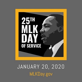 A Banner image with Dr. King's profile, the 1/20/2020 date, the 25th Day of Service call to action and the website MLKDAY.gov