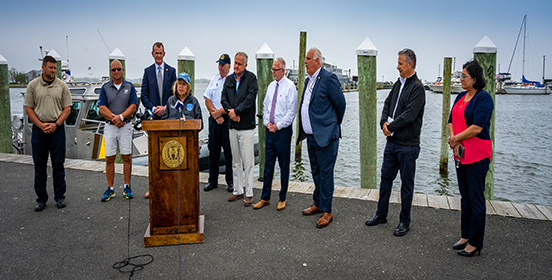 Supervisor Carpenter and Public Officials gather at Maple Ave. Doc to address boating safety during the summer months ahead.