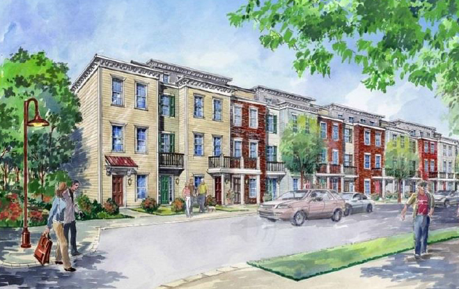 An artist's rendition of a revitalized neighborhood with modern/traditional housing units and residents enjoying a walk