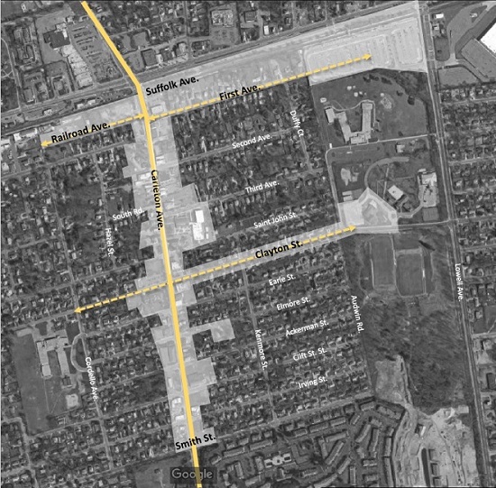 A map showing the areas of the proposed downtown on Carleton Abe. between Railroad and Smith St., as well as along First Ave. and Clayton Ave.