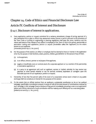 Chapter 14. Code of Ethics and Financial Disclosure Law Article IV. Conflicts of Interest and Disclosure