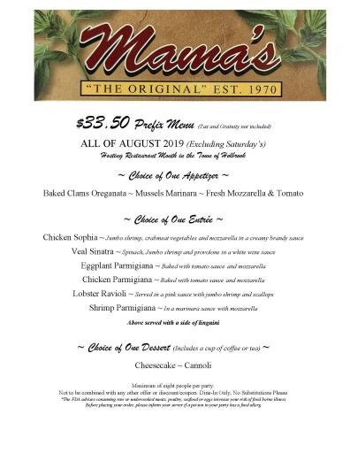 Mamas (Holbrook) - Islip 335th Anniversary Price Fix Menu