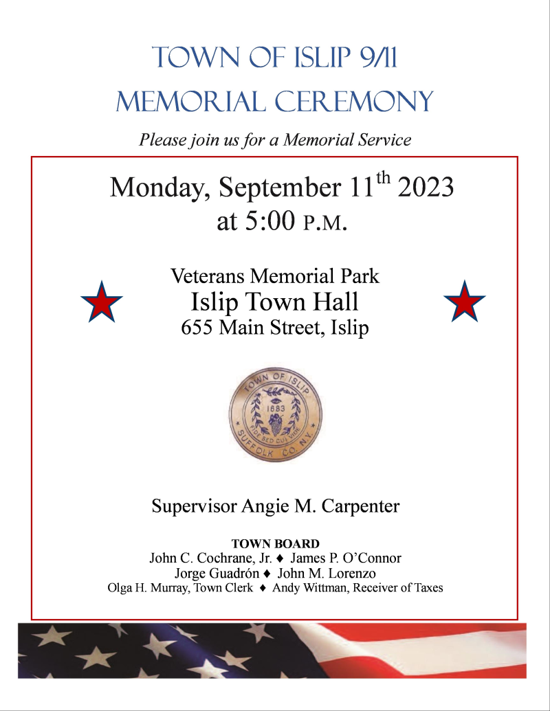 September 11 Ceremony to be held Monday at 5PM at Islip Town Hall