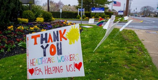 Sign on the front lawn of Good Sam Hospital expressing thanks to all medical staff