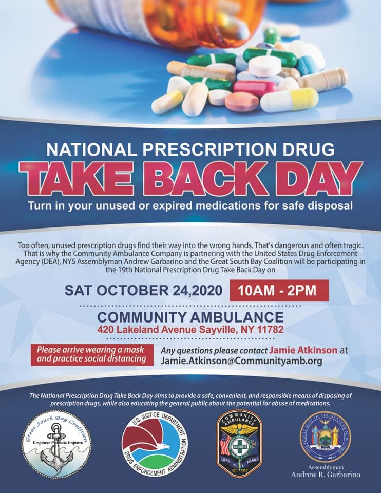 National Prescription Drug Take Back Day October 24th, drop off at Sayville Community Abulance