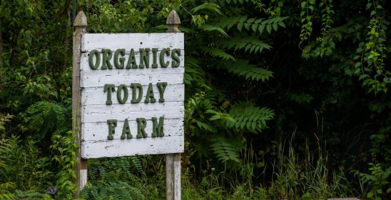 sign reading organics today farm