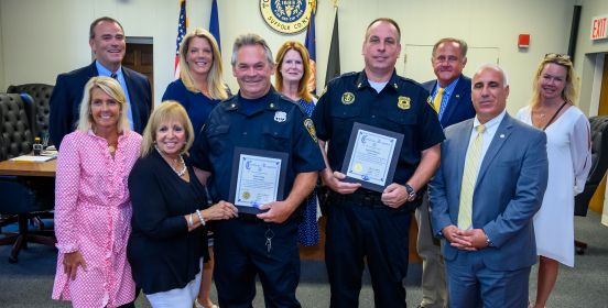 Supervisor Carpenter and the Islip Town Board, along with Tony Prudenti, Deputy Commissioner of Public Safety stand side by side with the harbormasters holding their certificates of recognition.