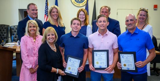 Supervisor Carpenter and the Islip Town Board, stand side by side with Islip Atlantique Marina Dock Master Frank Franzone, and Dock Attendants Conner Dennehy and Tyler Vogt holding their certificates of recognition.