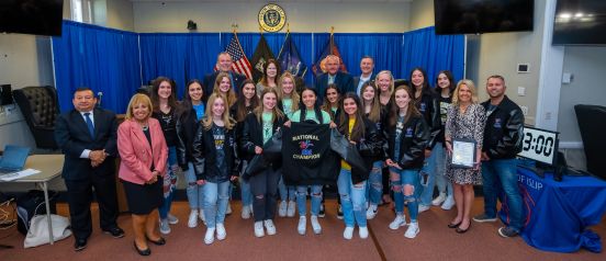 Sachem North Girls Dance Team in group photo at Town Board Meeting