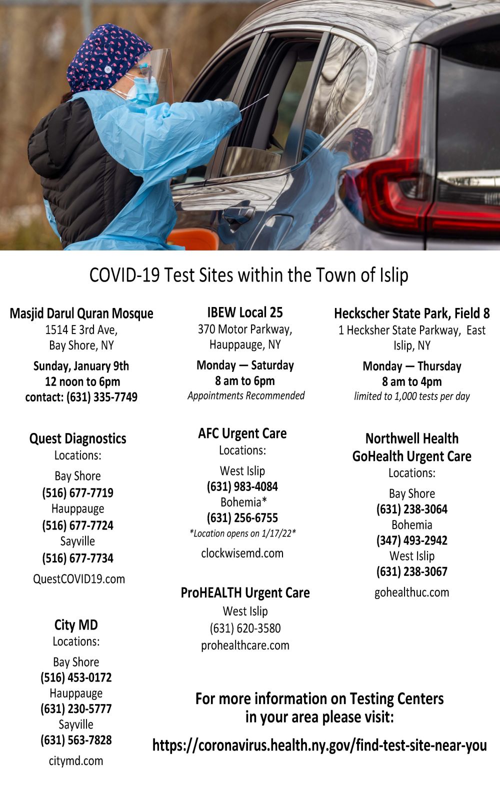 free testing sites in town of islip