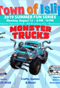 A flyer image of the Monster Trucks Movie Night event, call (631) 224-5411 for more information
