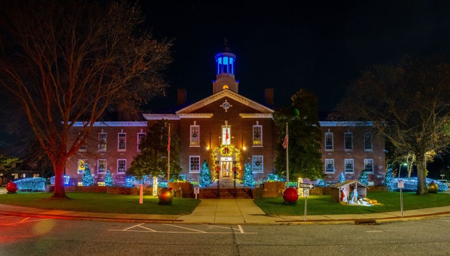 Town Hall illuminated with holiday cheer at night