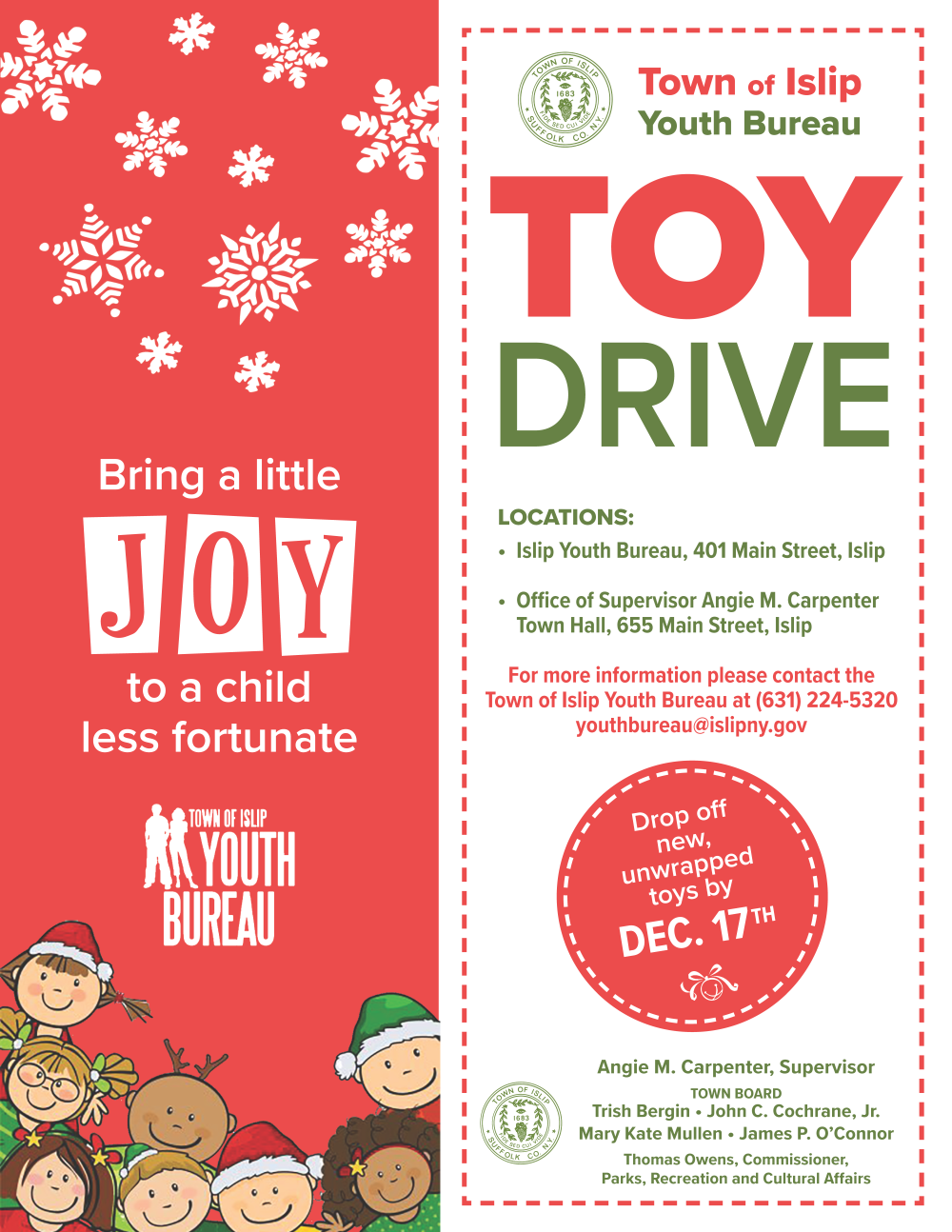 Toy Drive drop off by Dec. 17th, details in article