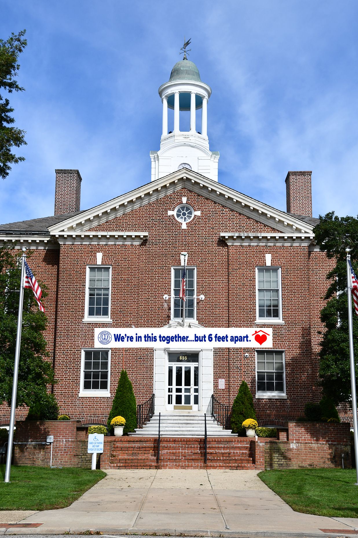 town hall with banner