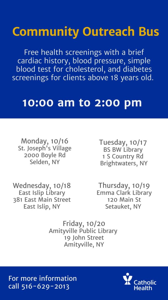 Catholic Health Community Outreach Bus Locations and Dates for October 16, 17, 18,19, 20