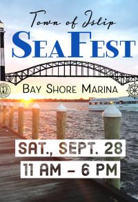 An image of a dock at sunset with a ferry in the distance, announcing the SeaFest event at the Bay Shore Marina on Saturday, September 28th from 11 am through 6 pm.