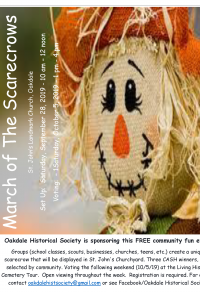 A flyer image of consisting mostly of a scarecrow's face, announcing the 2019 March of the Scaregrows. Contact oakdalehistoricalsociety@gmail.com for more information.