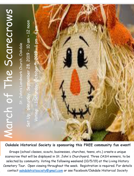 A flyer image of consisting mostly of a scarecrow's face, announcing the 2019 March of the Scaregrows. Contact oakdalehistoricalsociety@gmail.com for more information.