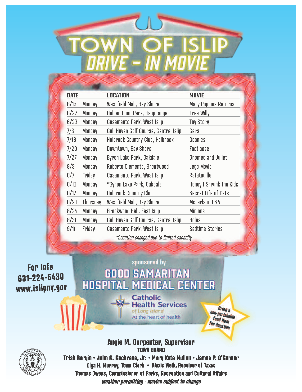 list of all movies this summer, call 631-224-5430 for more info