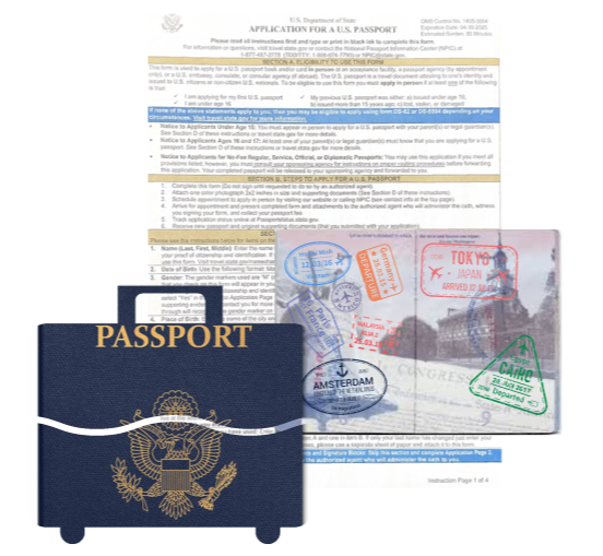 Image of a passport cover on luggage, a passport document, and stamps