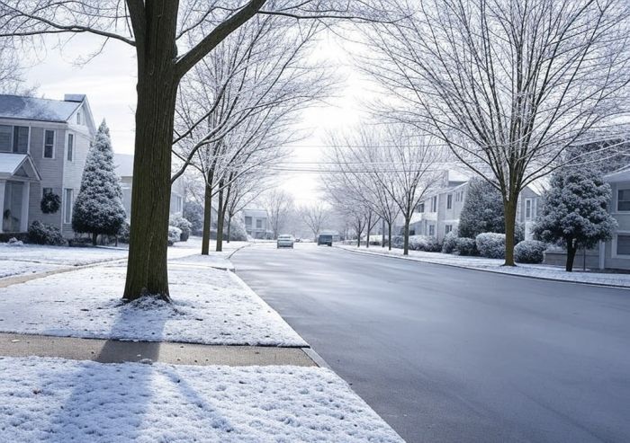 quiet suburban street under light snow