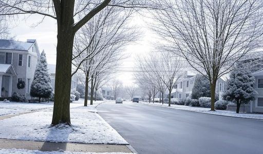 community under light snowfall