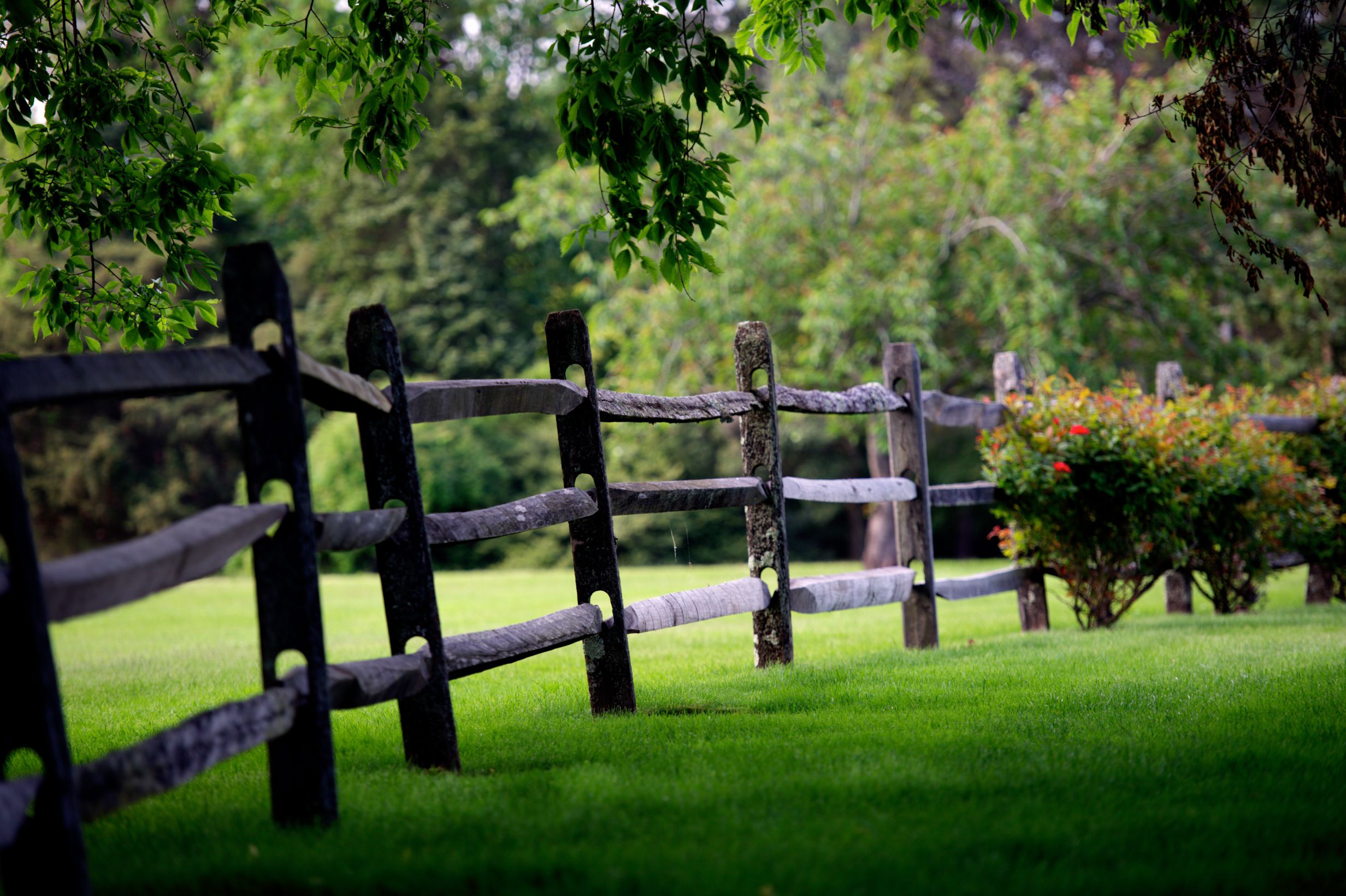 A scenic image of a fence extending from foreground into background with well manicured grass extending throughout