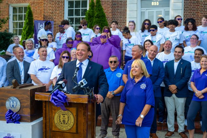 Suffolk County District Attorney Ray Tierney speaks at the Islip Goes Purple Kick-Off Event