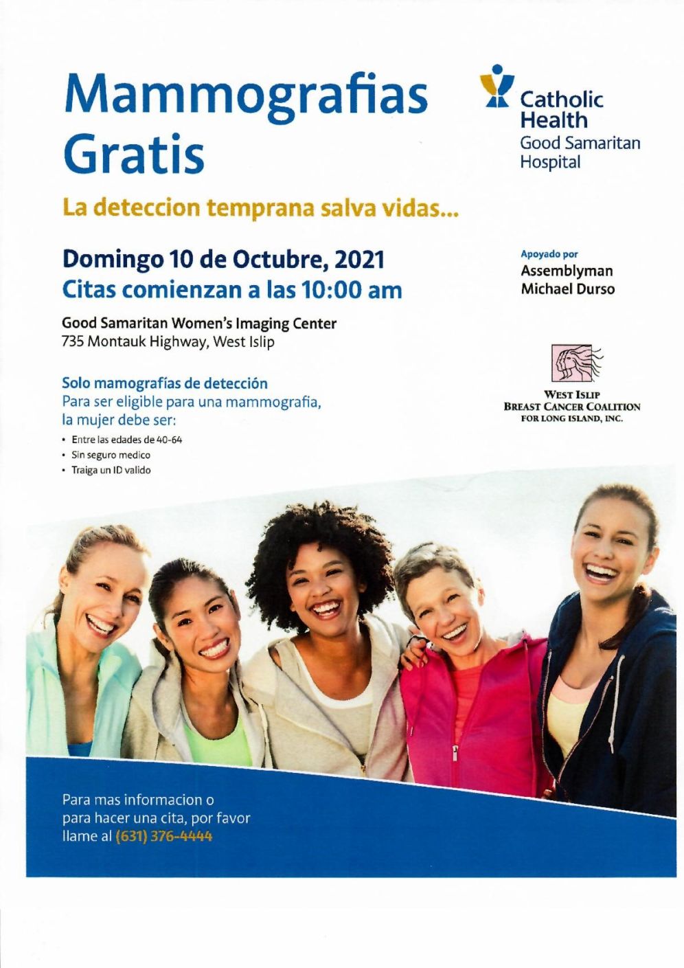 spanish flyer for breast cancer screenings starting at 10am on 10/10 at Good Sam Women's Imaging Center