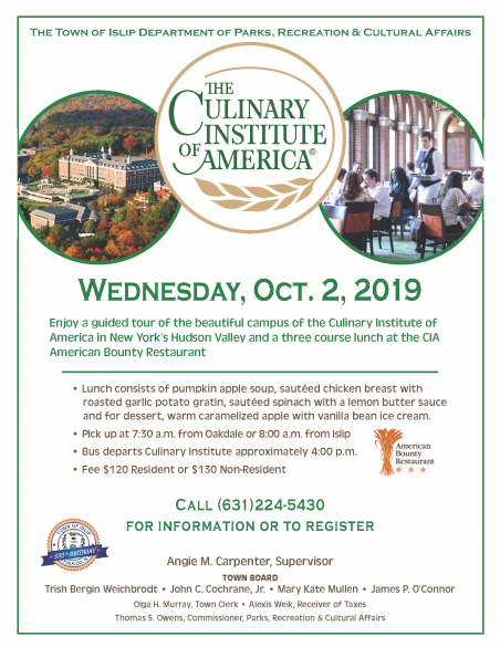 A flyer announcing the October 2nd tour of the Culinary Institude of America. Call 631-224-5430 for more information.