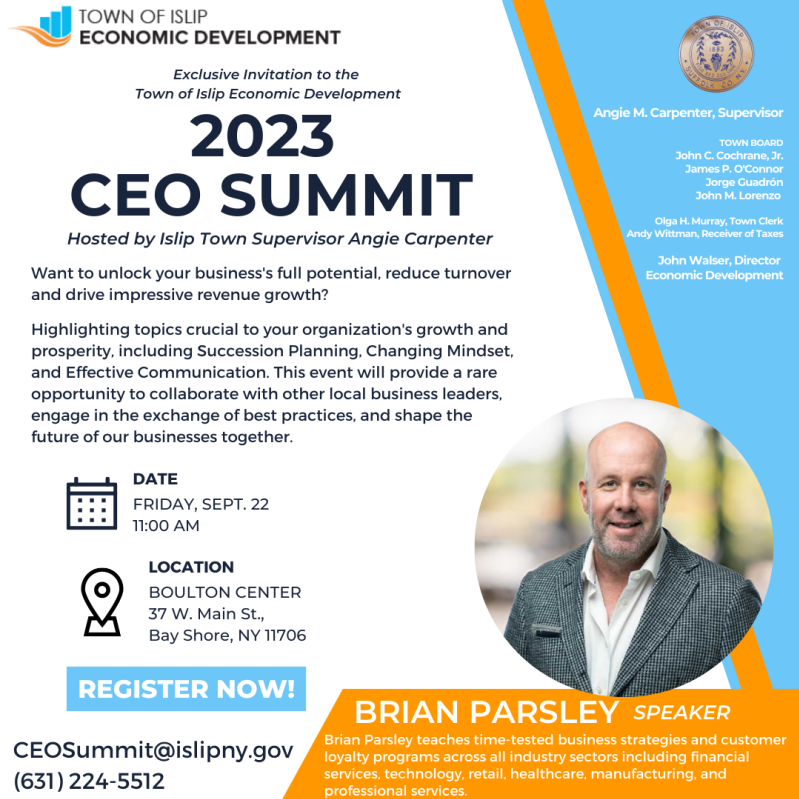 Flyer for CEO Summit, date 9/22/23, Time: 8:30am, at Bay Shore Boulton Center