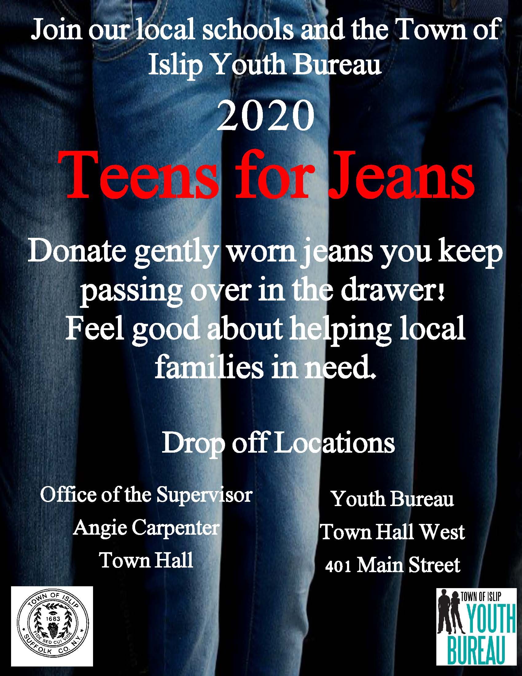 The announcement flyer for Youth Bureau's 2020 Teens for Jeans campaign. Call 631-224-5320 for more info.