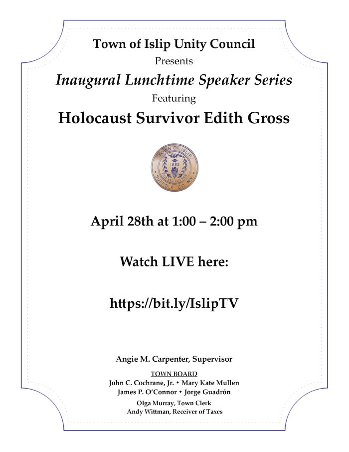 Flyer for speaker Holocaust Survivor Edith Gross at Town Hall
