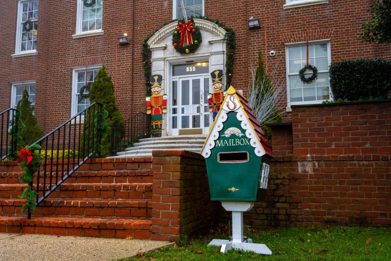 front steps of town hall with mailbox