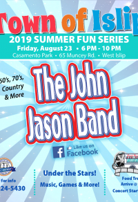 A flyer image announcing the last summer concert at Casamento Park in West Islip this Friday, August 23rd. Call 631-224-5430 for more information.