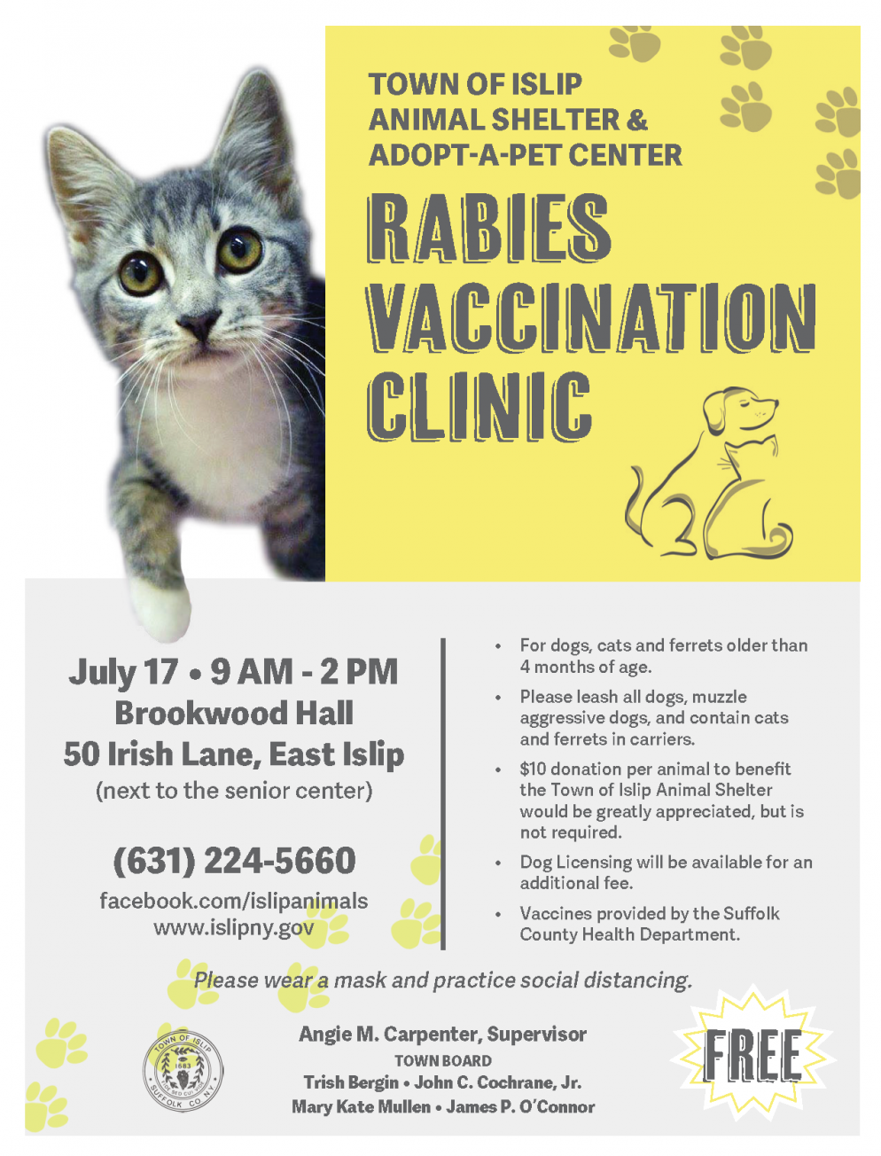 Rabies Clinic, July 17th at Brookwood Hall